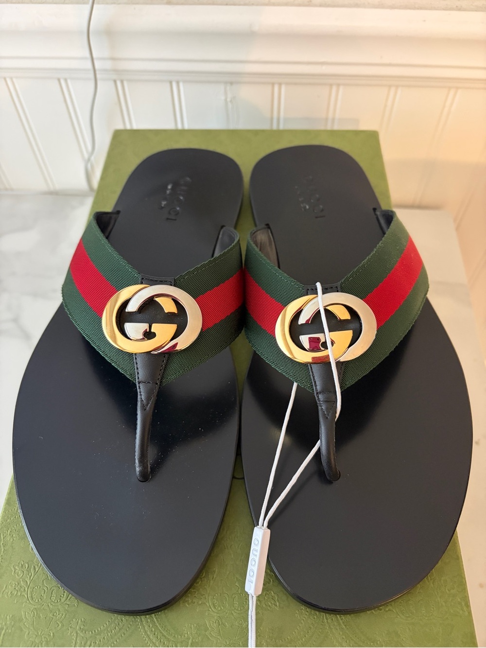 Gucci Black Leather Flip Flops with Green and Red Web and Gold GG
